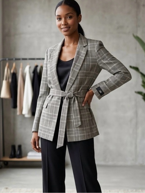 H&M Jackets & Blazers - H&M Women’s Belted Black, Gray & White Plaid Blazer Size 8